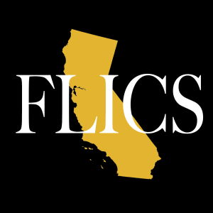 FLICS text overlayed on a yellow outline of California