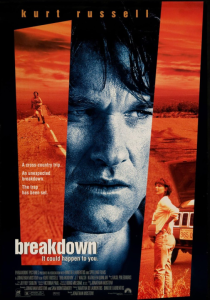Movie poster for Breakdown (1997) black and white image of Kurt Russell with red vertical lines.