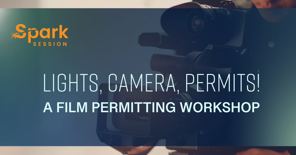A blue background with a film camera and white text: Lights Camera Permits.