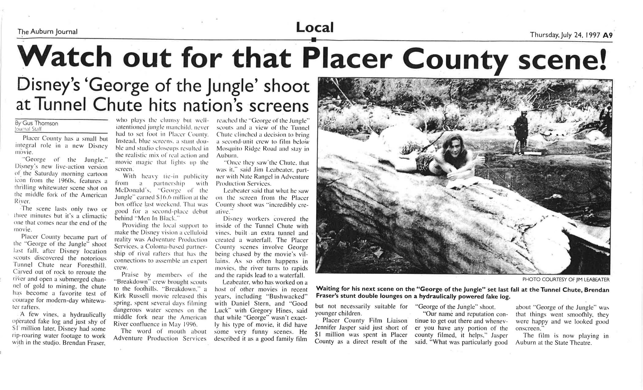 An edition of the Auburn Journal detailing the filming of 'George of the Jungle' in the Auburn area.