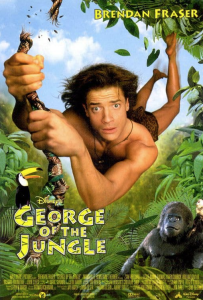 Movie cover for 'George of the Jungle' with a swinging Brendan Fraser on the cover.